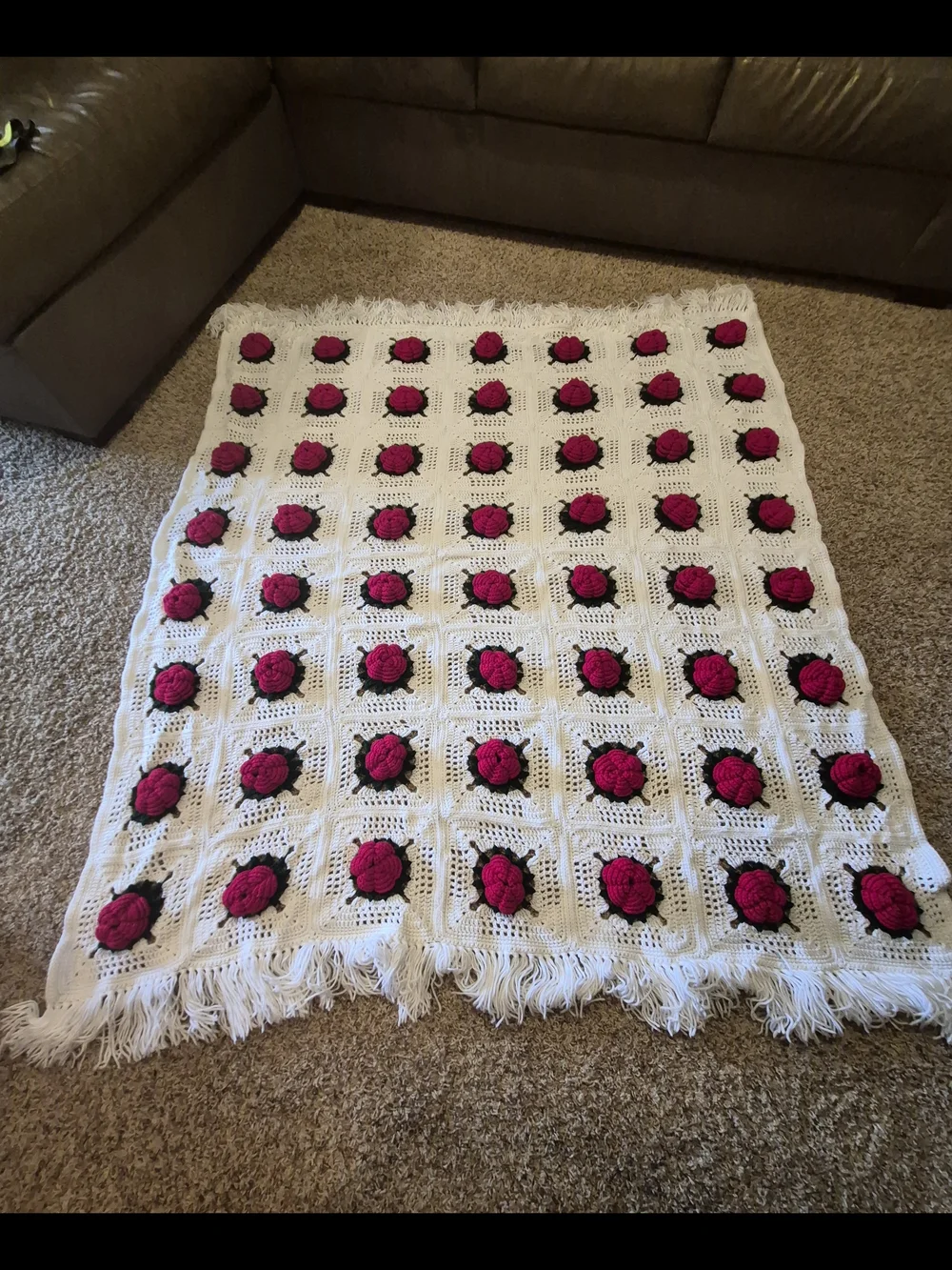 Vintage 70s 3D Red Rose Granny Square Crochet Afghan Blanket - 63